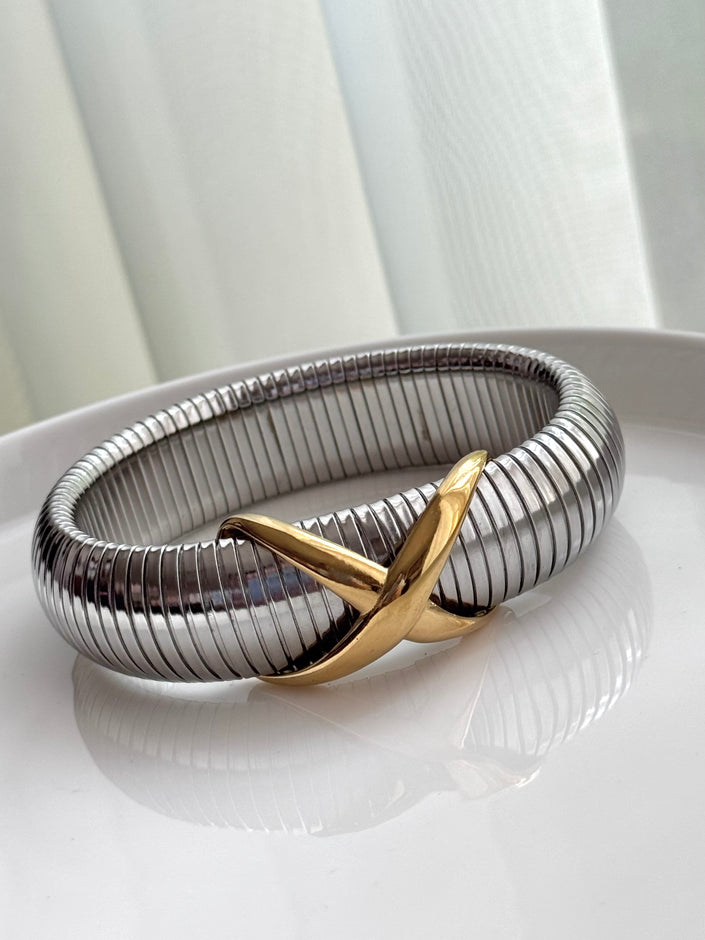 PULSERA GRUESA CRUZ LISA BICOLOR