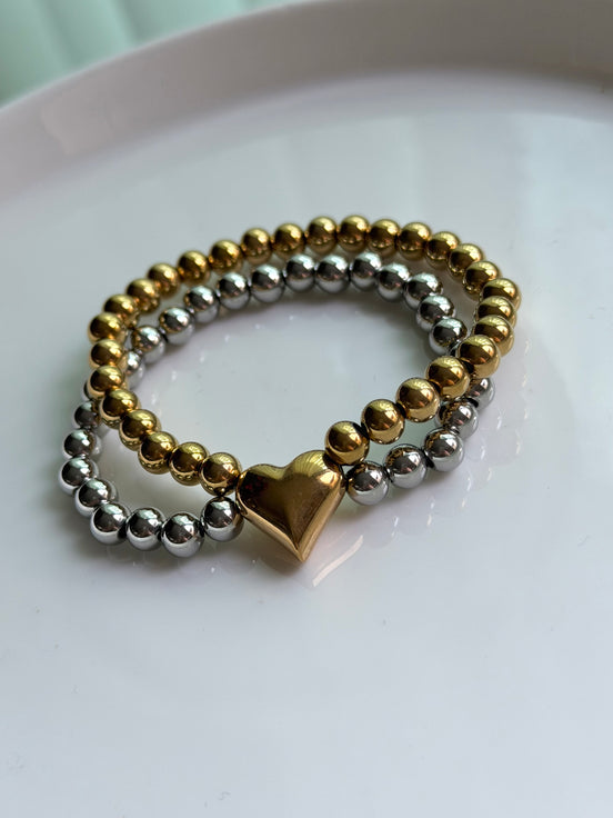 PULSERA BOLITAS DOBLE DIJE CORAZON