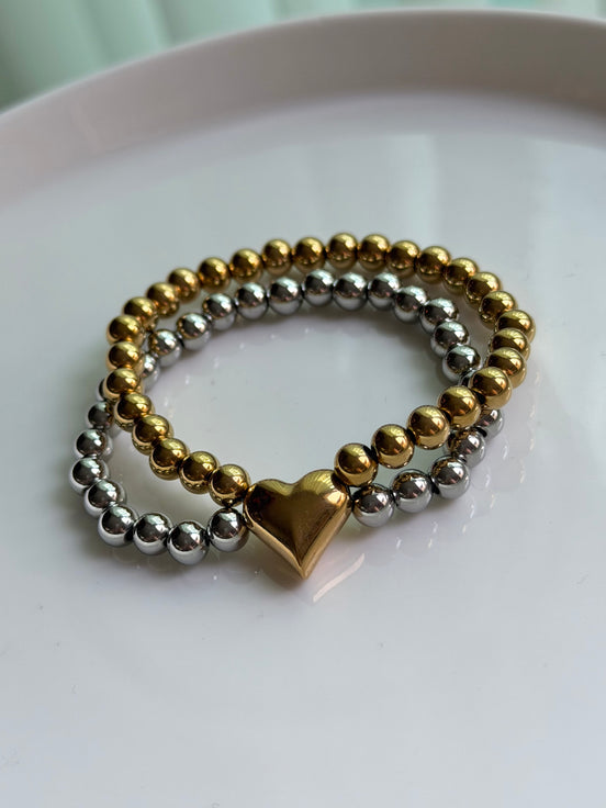 PULSERA BOLITAS DOBLE DIJE CORAZON