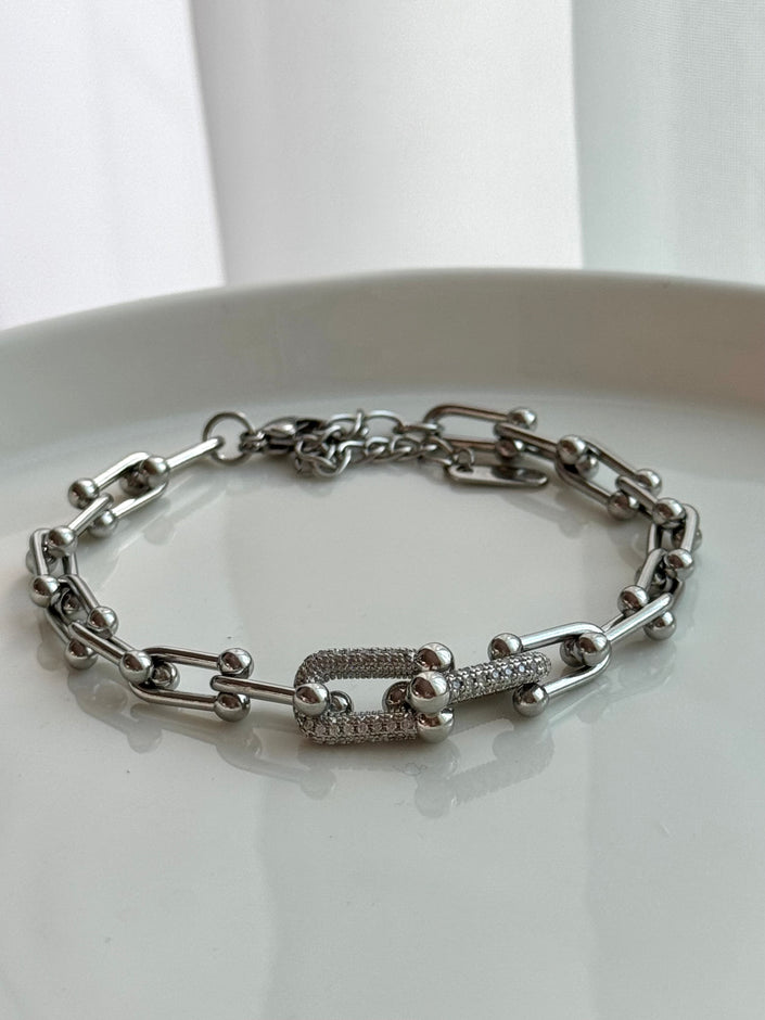 PULSERA ESLABONES CON CRISTAL PLATEADO