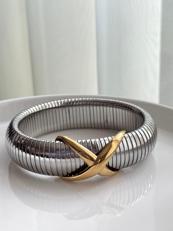PULSERA GRUESA CRUZ LISA BICOLOR