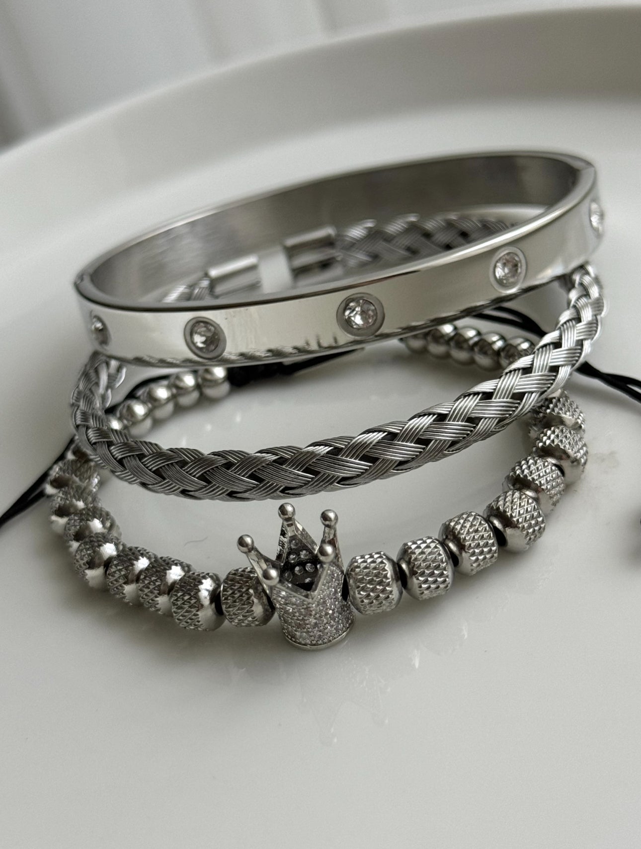 TRÍO PULSERAS CORONA PLATEADA