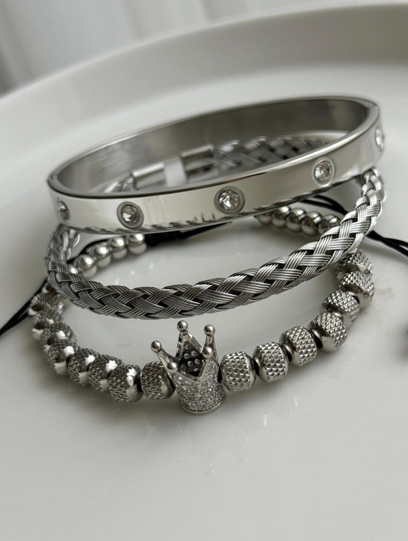TRÍO PULSERAS CORONA PLATEADA