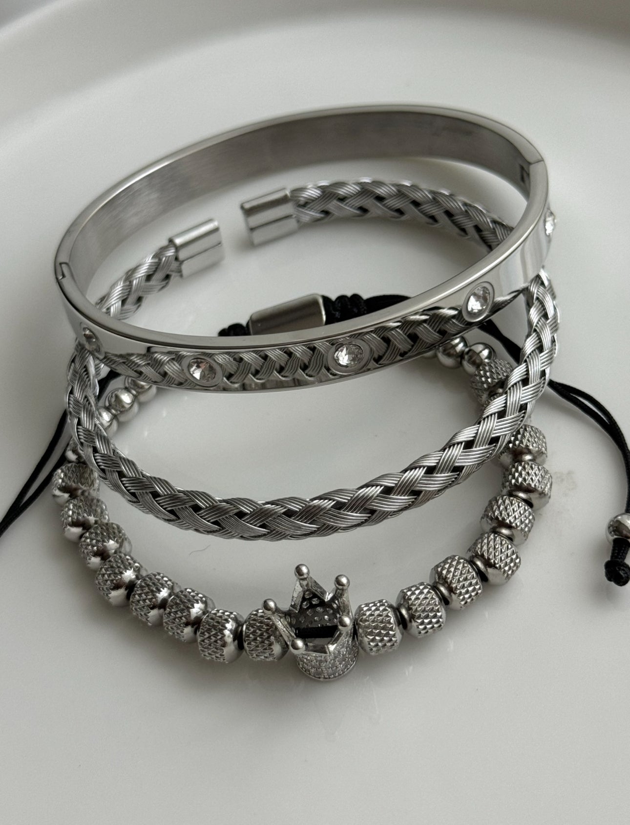TRÍO PULSERAS CORONA PLATEADA