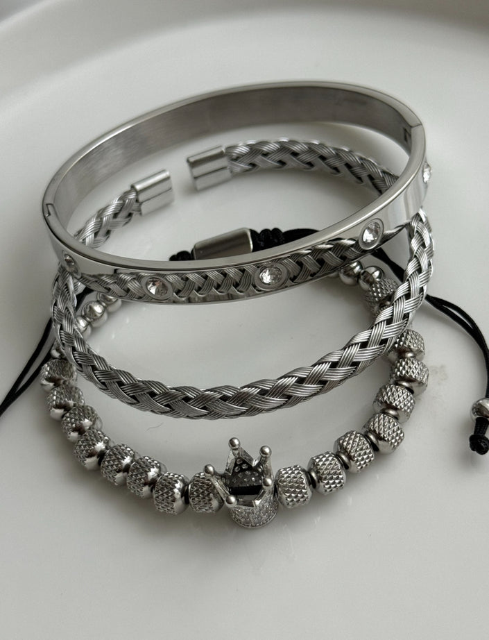 TRÍO PULSERAS CORONA PLATEADA